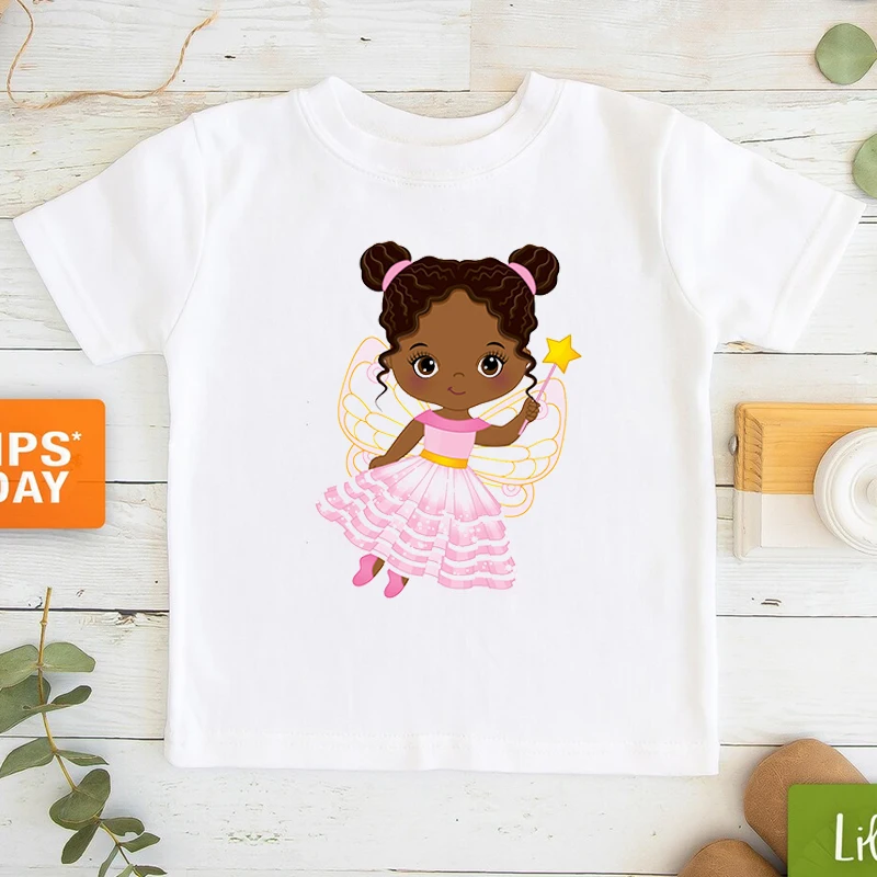 African American Fairy With Magic Wan Kawaii Unicorn Black Girl T Shirt Girls T-Shirt Short Sleeve T-Shirt Tee Tops