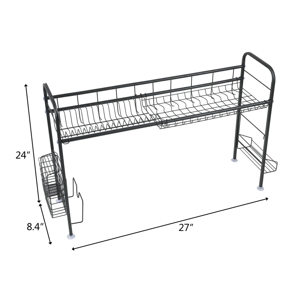 Kitchen Bowl Rack Storage Shelf Stainless Steel Single/Double  Layer 107x28x60CM Black/Silver[US-Stock]