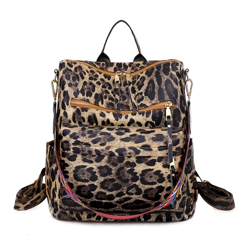 2021 New Fashion Women Backpacks High Quality Leopard Leather Female Ladies Bag Korean Student Backpack Preppy Style Bag Luxury