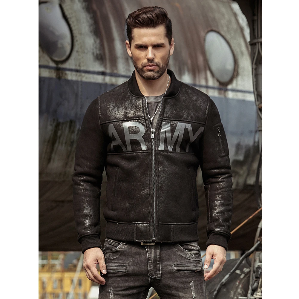 Denny&Dora Men's Shearling Coat Sheepskin Leather Overcoat B3 Flight Jacket Motorcycle Baseball Uniform