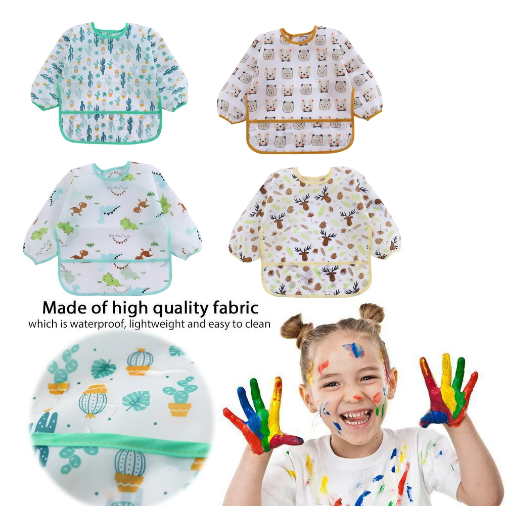 5 Styles Toddler Long Sleeve Waterproof Art Smock Baby Feeding Bib Kids Apron Pocket For Newborn