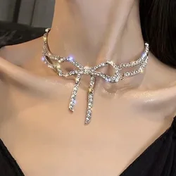 Fashion Retro Silver Color Bowknot Crystal Necklace Charm Sexy Lady Clavicular Chain Trend Elegant Women Nightclub Party Jewelry