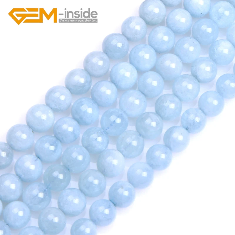 Natural Round Blue Aquamarines Semi-precious Stone Natural Beads DIY For Jewlery Making Strand 15\