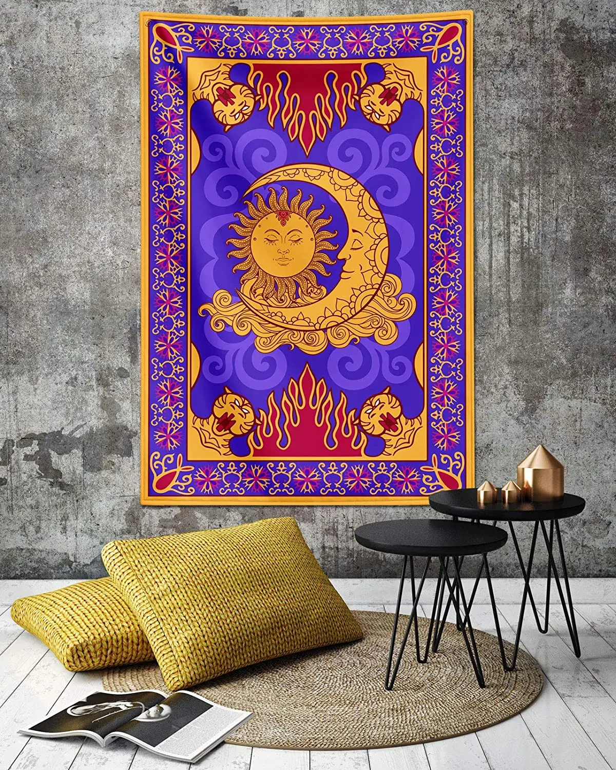 Sun And Moon Magic Carpet Tapestry For Bedroom Wonderful Golden Burning Psychedelic Mystic Faces Wall Hanging