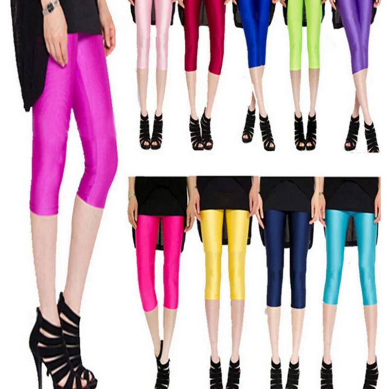 NDUCJSI Candy Color High Stretched Short Pants Neon Leggings for Women Slim Capris Solid Leggins