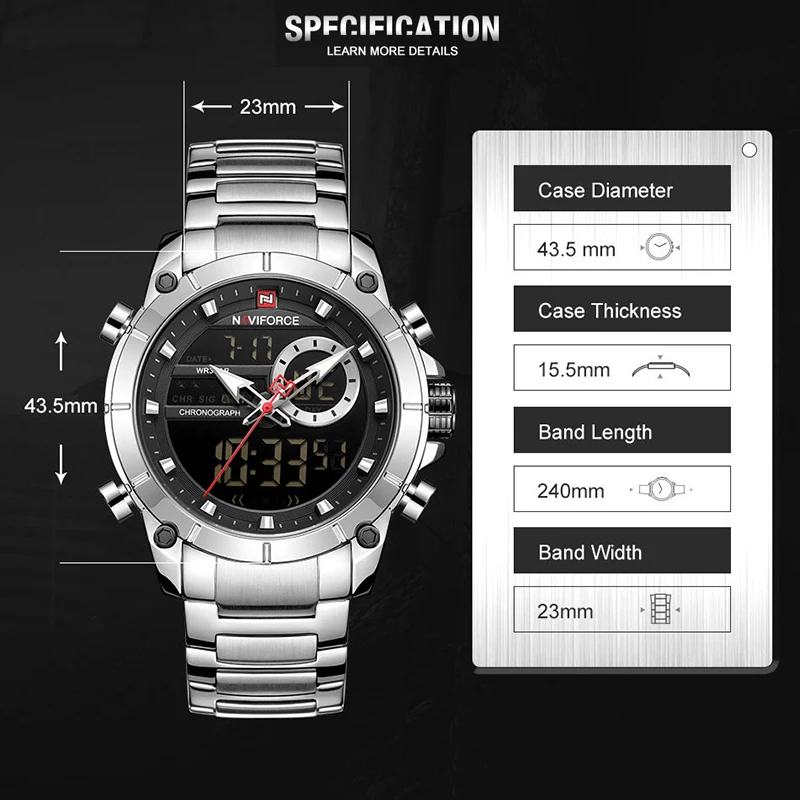 NAVIFORCE Watch Men Top Luxury Brand Mens  Sports Quartz Watches Full Steel Waterproof Digital Male Clock Set For Sale