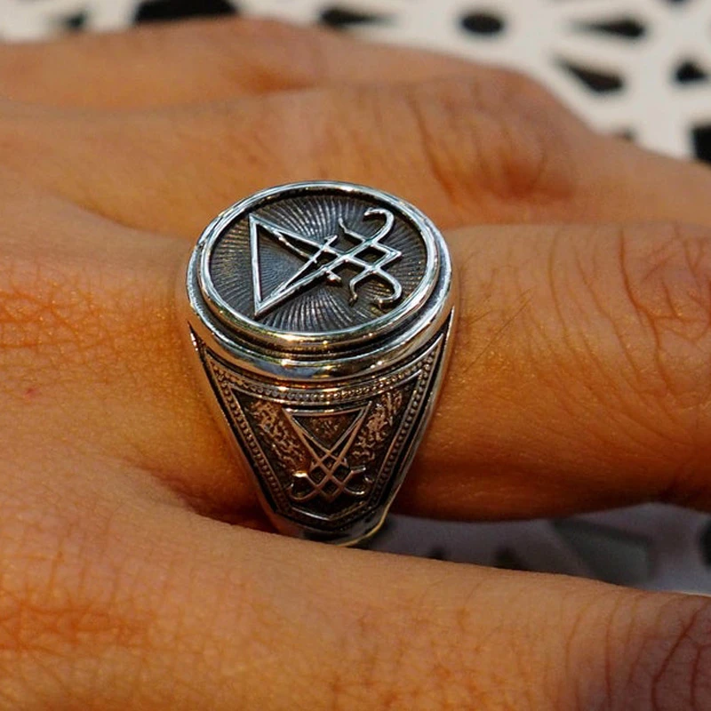 Vantage silver color Signet Sigil Of Lucifer Ring For Men Seal Of Satan Occult Male Jewelry