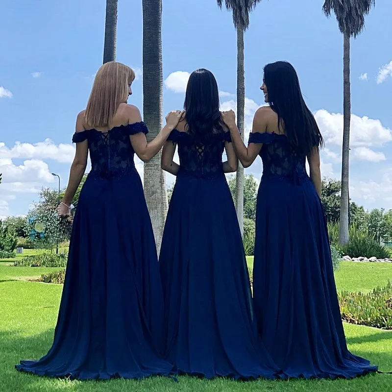 Gaun Pengiring Pengantin Biru Navy Baru Gaun Prom Leher-v Manik Applique Bahu Panjang Bahan Sifon A-line Плана Selanjutnya