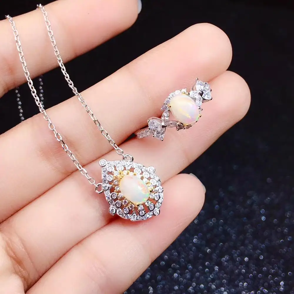 

The best gift for engagement Natural and Real Opal jewelry set Natural Real Opal 925 sterling silver 1pc pendant,1pc ring