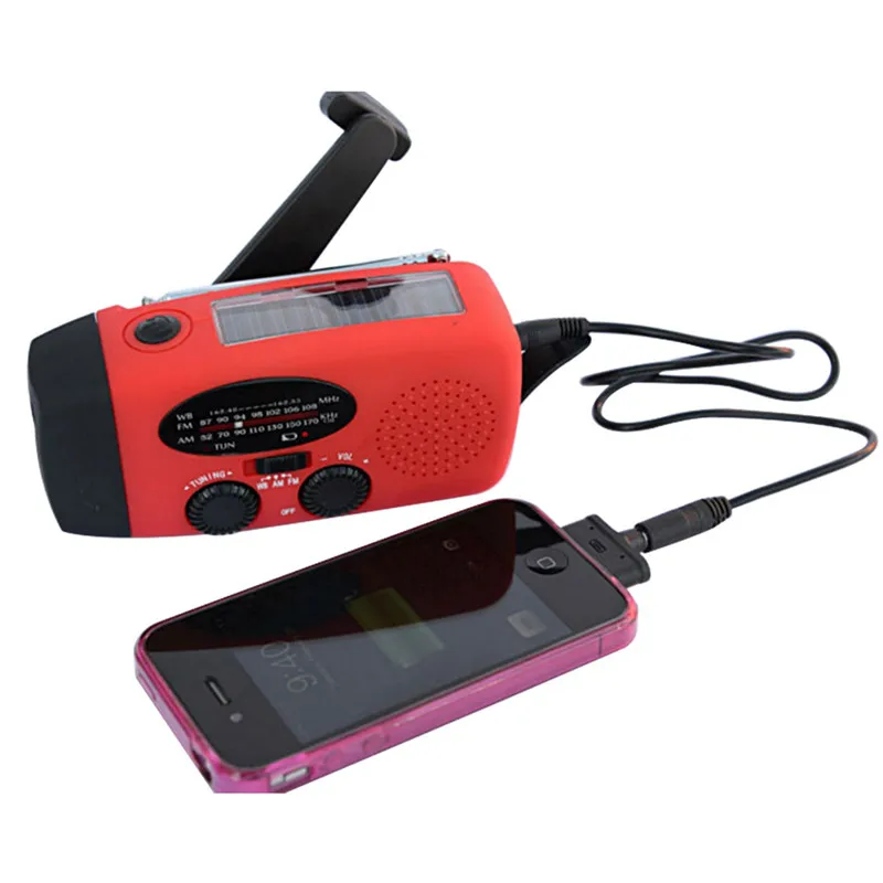 Solar hand crank dynamo self powered AM/FM/NOAA radio mobile phone charger portable power bank LED light flashlight USB output