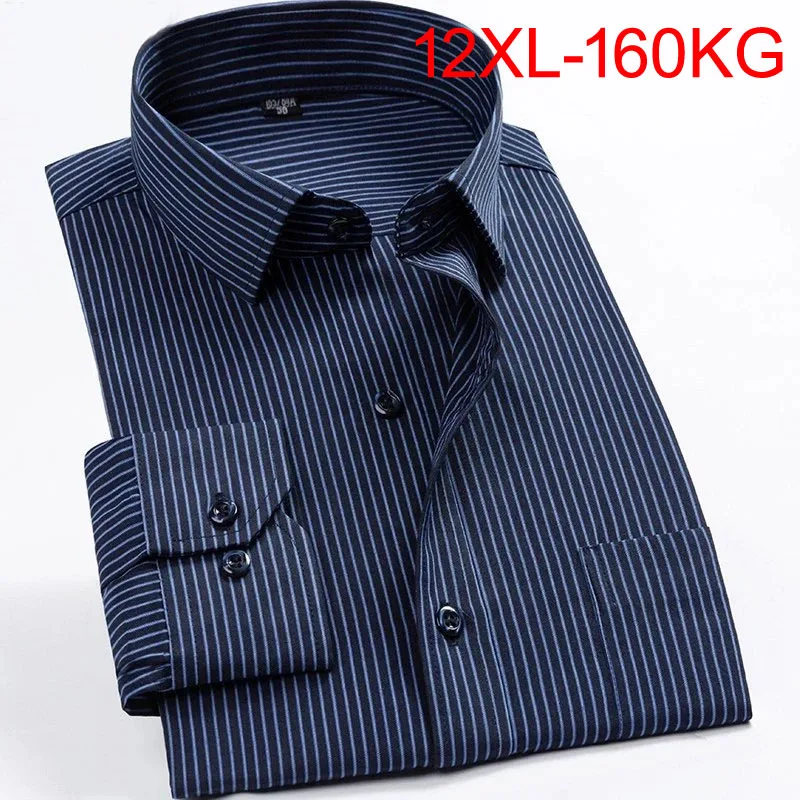 Camisa listrada de manga comprida para homens, vestido azul de negócios, tamanho grande, primavera e outono, tamanho grande 8XL, 9XL, 10XL, 12XL,