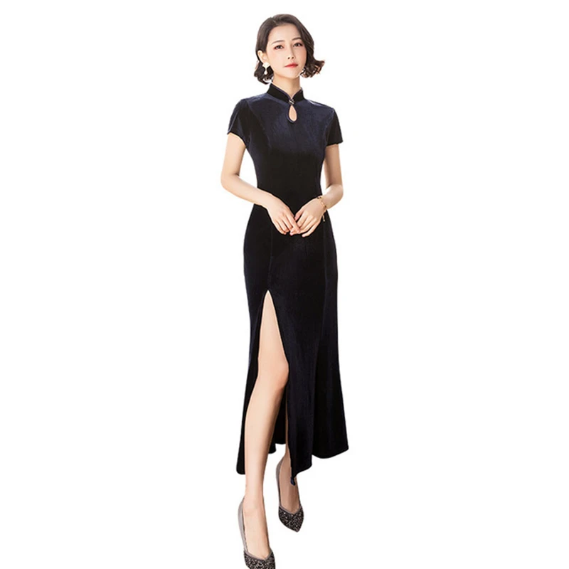 Gold velvet cheongsam skirt catwalk long cheongsam women vestidos slim fishtail Chinese cheongsam daily improved cheongsam dress