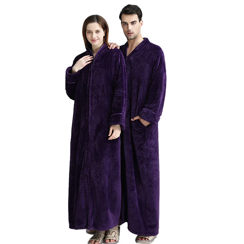 

Women Winter Plus Size 40-100KG Long Warm Flannel Hooded Bathrobe Zipper Bath Robe Pregnant Night Dressing Gown Men Sleepwear