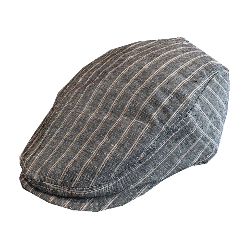 SHOWERSMILE Summer Striped Linen Beret Flat Cap Men Black British Style Newsboy Cap Duckbill Adjustable Driving Hats