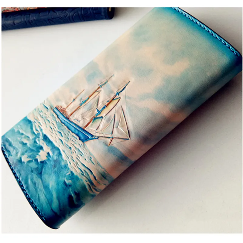 Handmade Women Carving The Blue Sea Sailboat Wallets Card Holder Purses Clutch Vegetable Tanned Leather Beautiful Gift