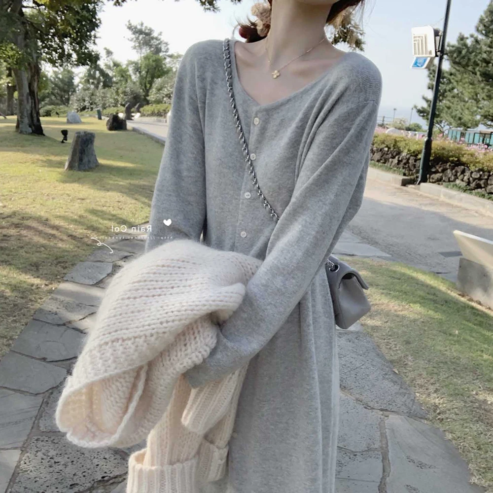 Snordic Women Autumn Purple Long Sweater Shirt Dress Sashes Full Sleeve Single Breasted Knitted Loose Dresses Round Collar