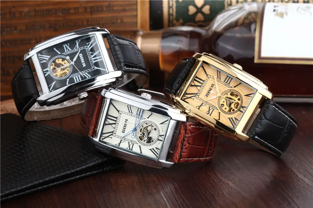 GOER Fashion Rectangle Watch Men Skeleton Watches Automatic Self-wind Mechanical Wristwatches Man Watch Clock Relogio Masculino