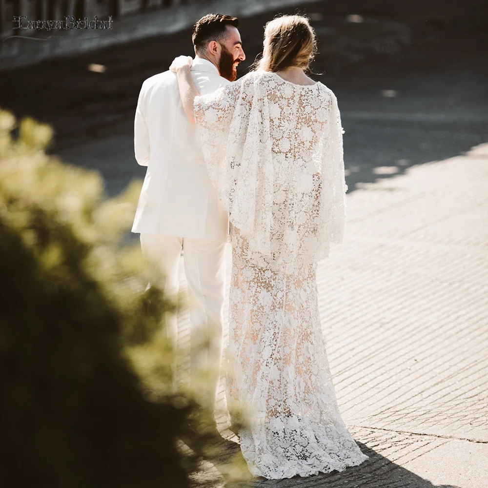 الدانتيل حورية البحر فساتين الزفاف العميق الخامس الرقبة فساتين زفاف أنيقة انفصال كيب الشمبانيا بطانة Noivas DW446