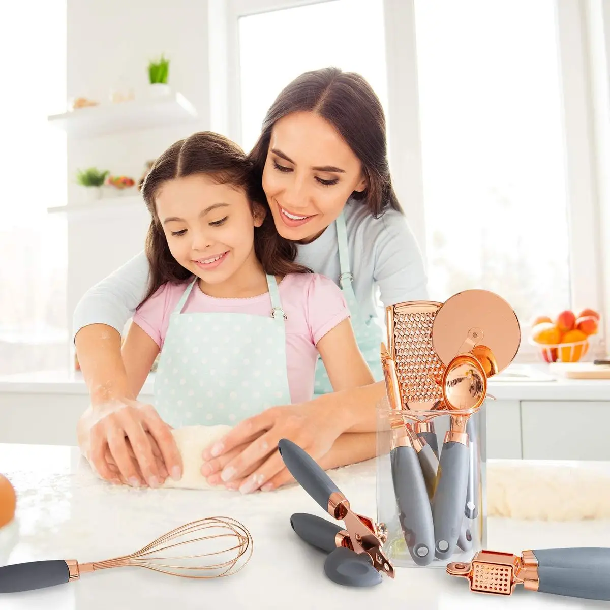 7 Pc Kitchen Gadget Set Copper Coated Stainless Steel Utensils ice scream scoop peeler garlic press cheese grater whisk