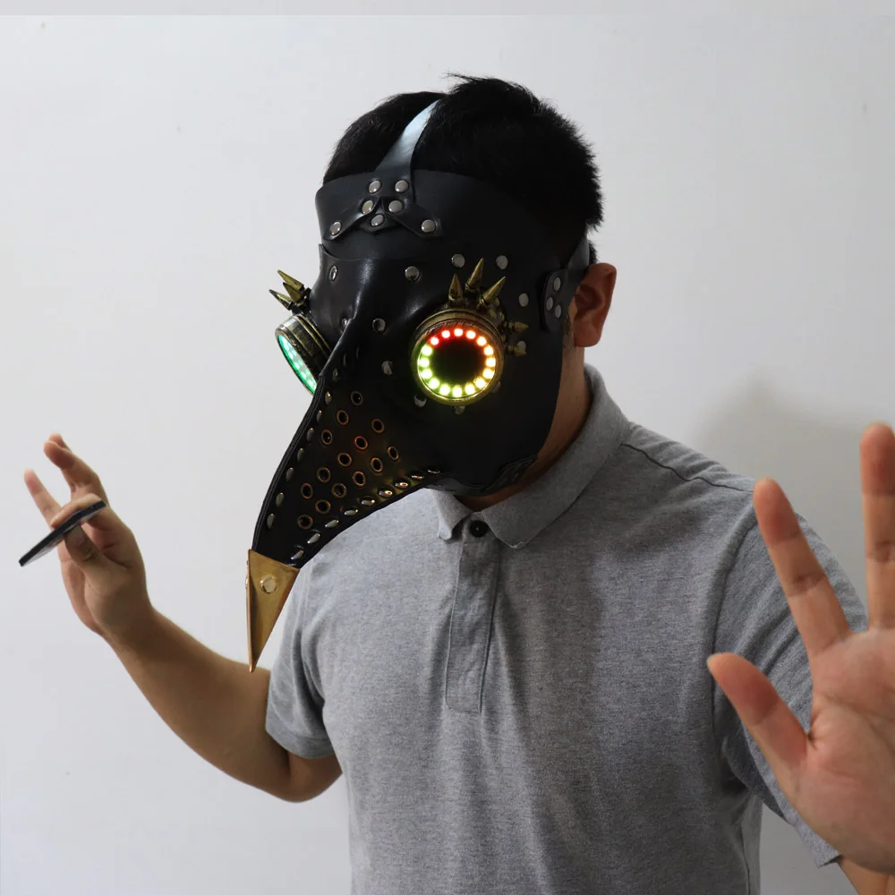 Full color LED lighting Steampunk Plague Bird Doctor Mask Brown PU Leather Bird Beak Mask Gothic Retro Halloween Cosplay