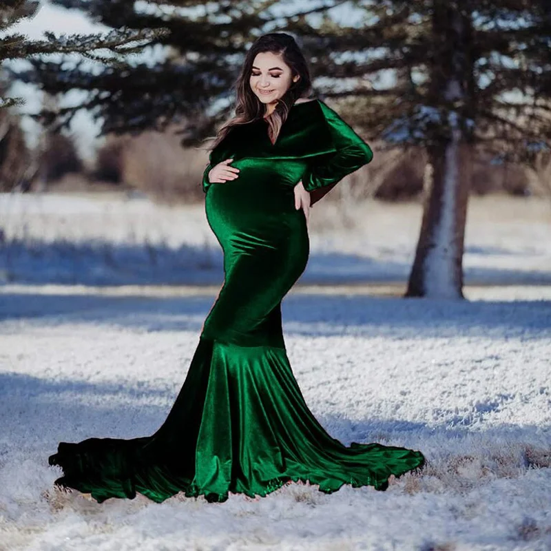 

Winter Green Velvet Long Sleeves Ruffles Party Sleepwear Custom Made Nightgown Robes Puffy Skirt Photography Boudoir Paja