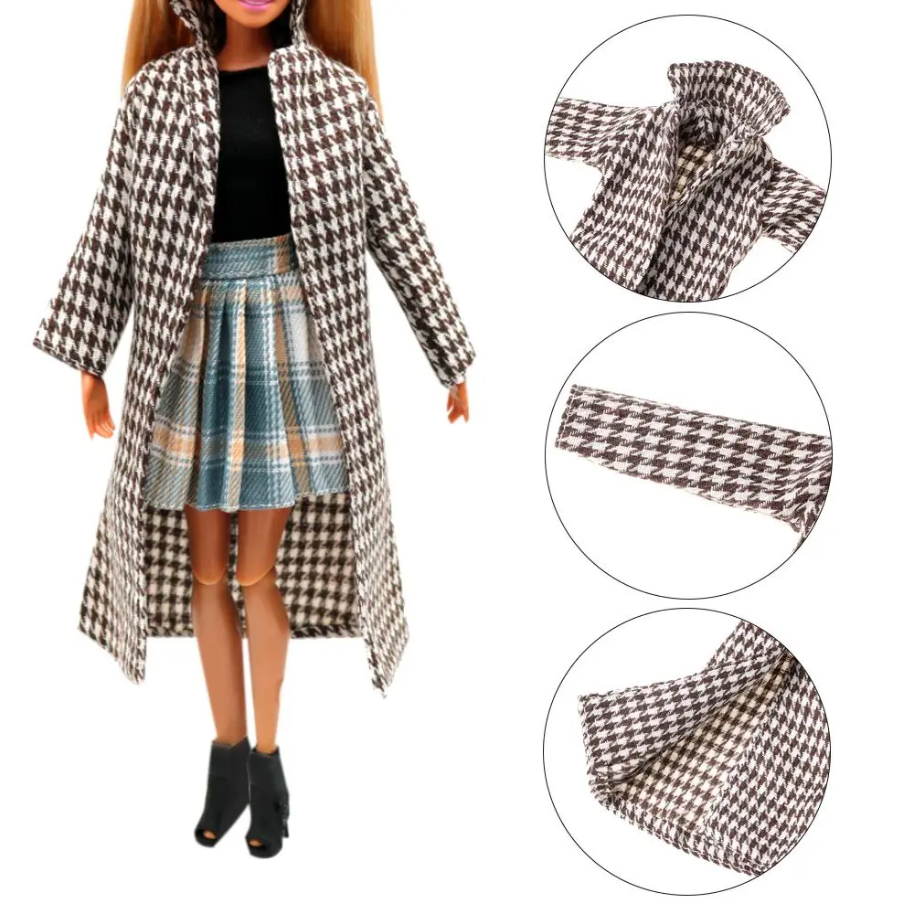 

Brown Black Dress Up Game Role Play Toy Clothes Dolls Accessories Doll Plaid Overcoat Mini Parka Coat