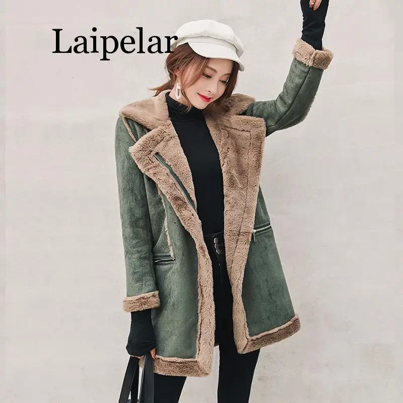 Winter Long Faux Suede Leather Jacket Women  Female Green Faux Fur Lined Suede Jacket Woman Coat Large Windbreaker