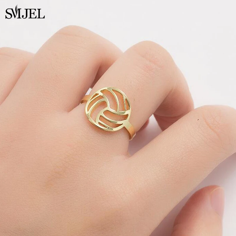 Smjel Stainless Steel Volleyball Shape Rings Adjustable Hollow Ball Round Ring for Women Men Jewelry Sports Club Gifts Friend