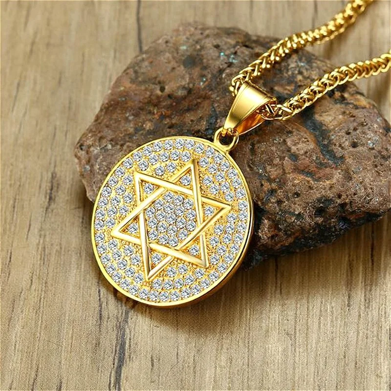 Trend Hexagram Star of David Round Medal Pendant Necklace for Men Women Hip Hop Rock Party Jewelry