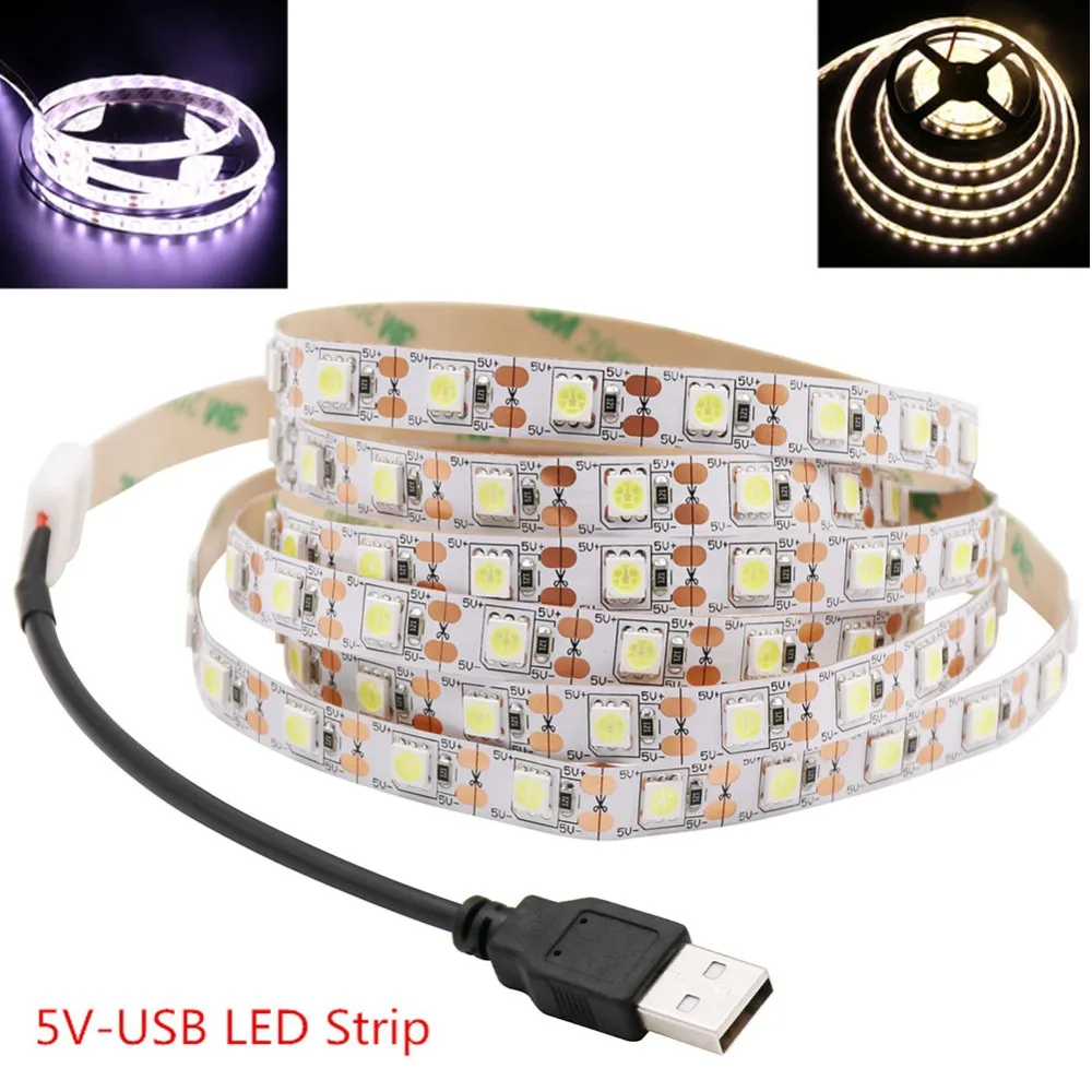 5V 2835 5050 LED Strip Light 60LED/m USB Battery Power Flexible LED Tape Lights White/Warm White TV Backlight Home Decoration