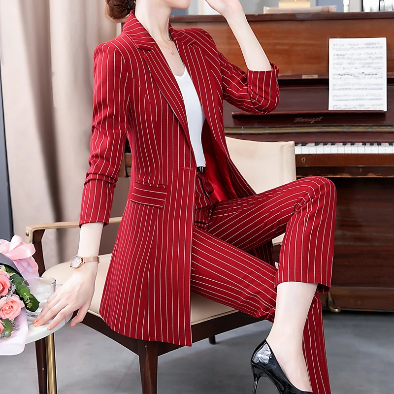 Women\'s Striped Blazer and Pencil Pant Sets, 2 Piece Formal Suits, Office Ladies, Business, Classic, Long, Autumn