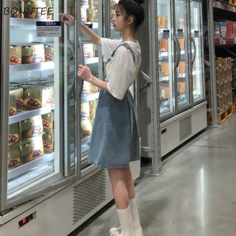 Sukienka damska Denim bez rękawów Srap Ulzzang Kawaii popularne stałe dziewczyny Student lato najnowszy cały mecz wysoka talia Ins Chic A-line