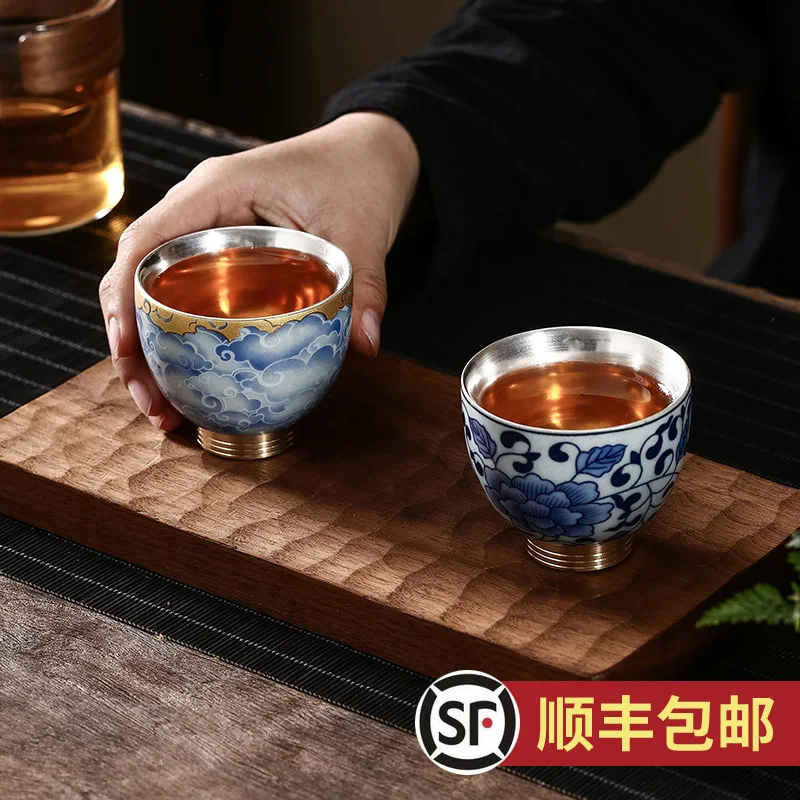 S999 sterling silver cup handmade ceramic kung fu teacup liner silver-plated master cup silver tea bowl sketch teacup single cup