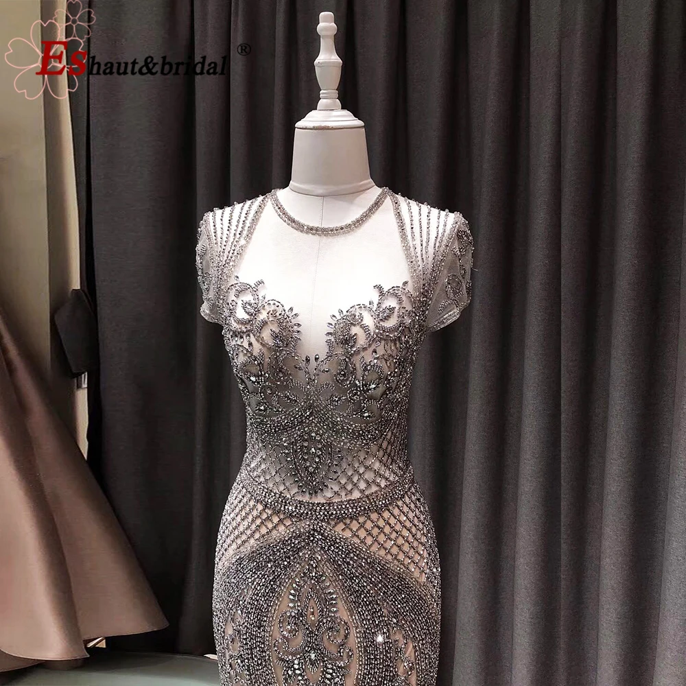 Elegant Mermaid Evening Night Dress for Women 2023 Crystal Handmade Cap Sleeves O Neck Long Formal Prom Wedding Party Gowns