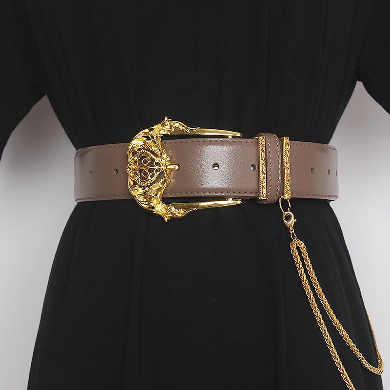 여성 활주로 패션 골드 버클 정품 가죽 Cummerbunds 여성 드레스 코르셋 허리띠 벨트 장식 와이드 벨트 TB1757
