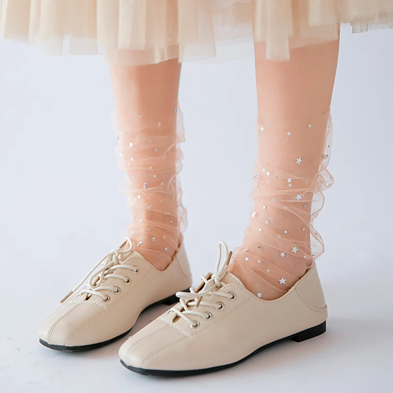 Sweet Lace Socks Women Transparent Thin Socks Star Moon Long Mesh Tulle Socks Female Calcetines