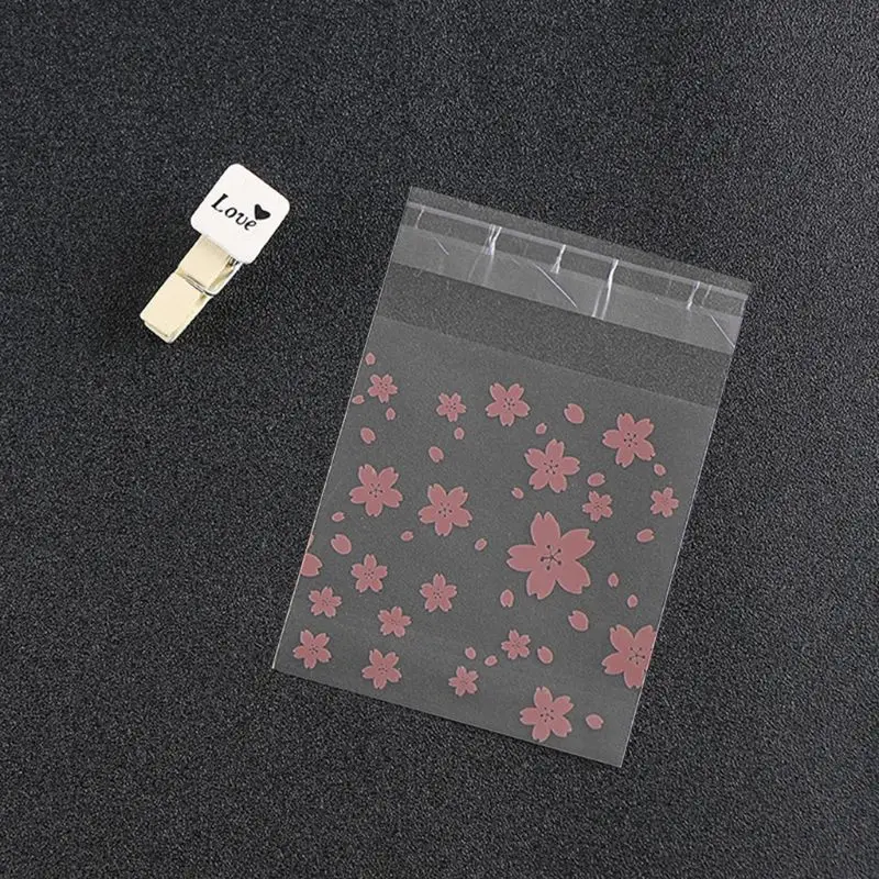 100Pcs/Set Lovely Sweet Pink Cherry Blossoms Printed Cookie Candy Bag Self-Adhesive Plastic Biscuits Snack Baking Package 3