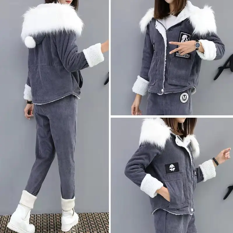 warm suits for women Winter plus size 2 Piece Suit Corduroy Casual Hooded Fur Collar Coat 2024 new autumn top and pants lounge