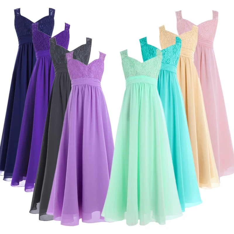 4-16Yrs Girls Sleeveless Chiffon Lace Party Dresses Flower Girl Dress Pageant Wedding Bridesmaid Birthday Princess Maxi Dress