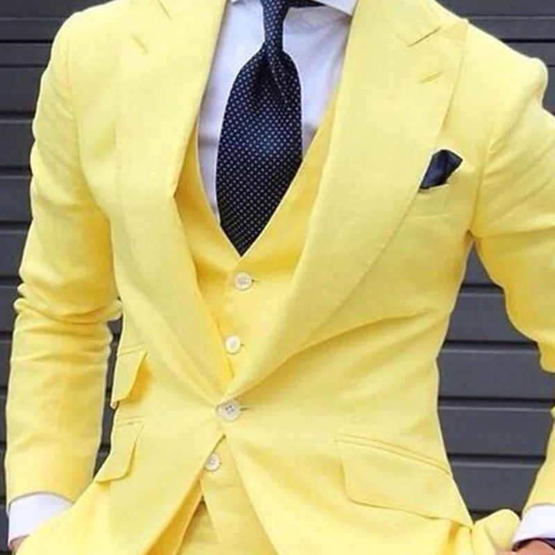 Yellow Slim Fit Prom Suits for Men 3 Piece Set  Jacket with Pants Vest Latest Coat Casual Design Male Fashion Smoking Clothes