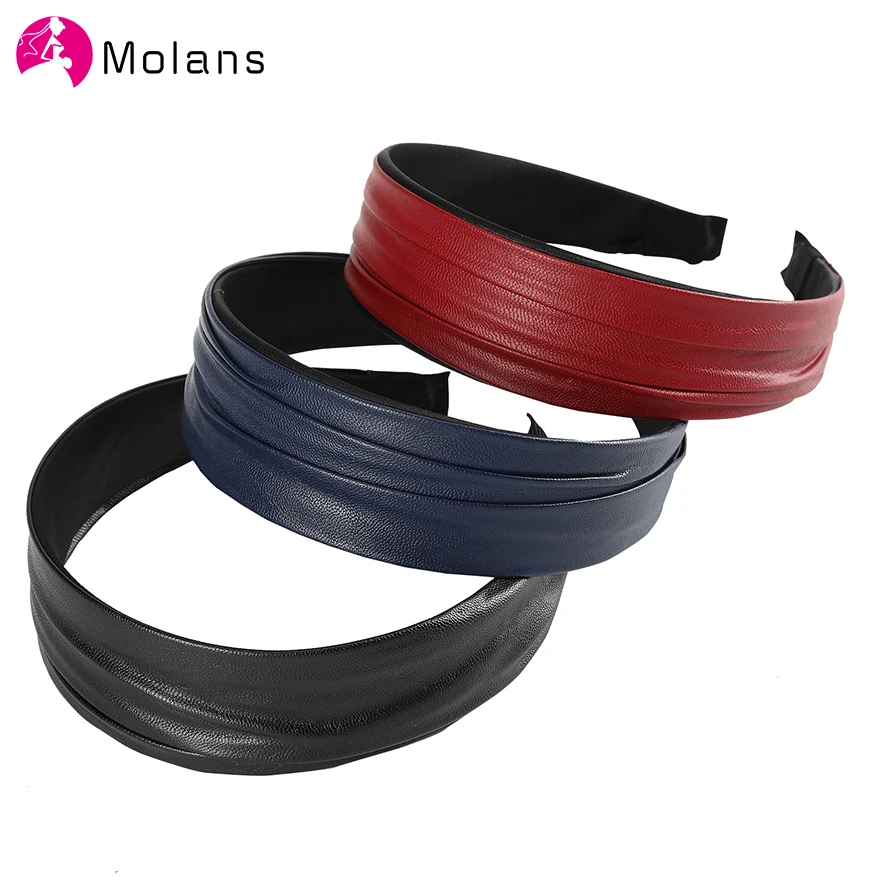 Molans New Wrinkled Faux Leather Hairbands Solid Simple PU Leathers Women Headbands Fashion Navy Black Wide Hair Hoops Headwear