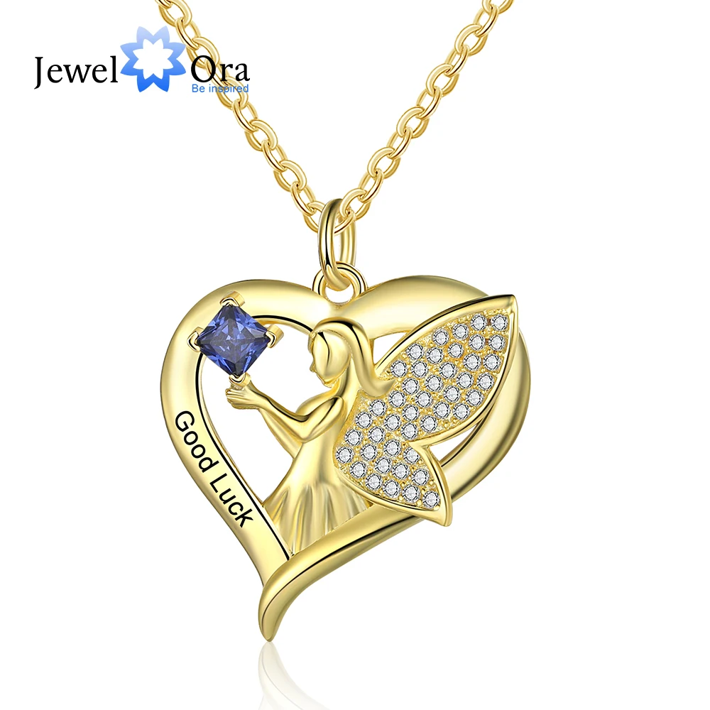 

Personalized Name Engraved Necklace with Customized Birthstone Gold Color Elf Wings Heart Pendant with Cubic Zirconia Jewelry