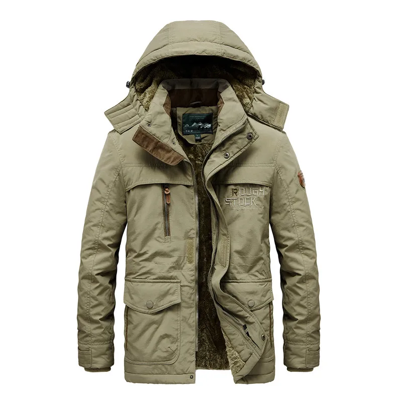 Winter Jacket Men Thick Padded Parka Fleece Liner Coat New Fur Collar Hooded Warm Outwear Male Multi-Pocket Windproof Overcoat