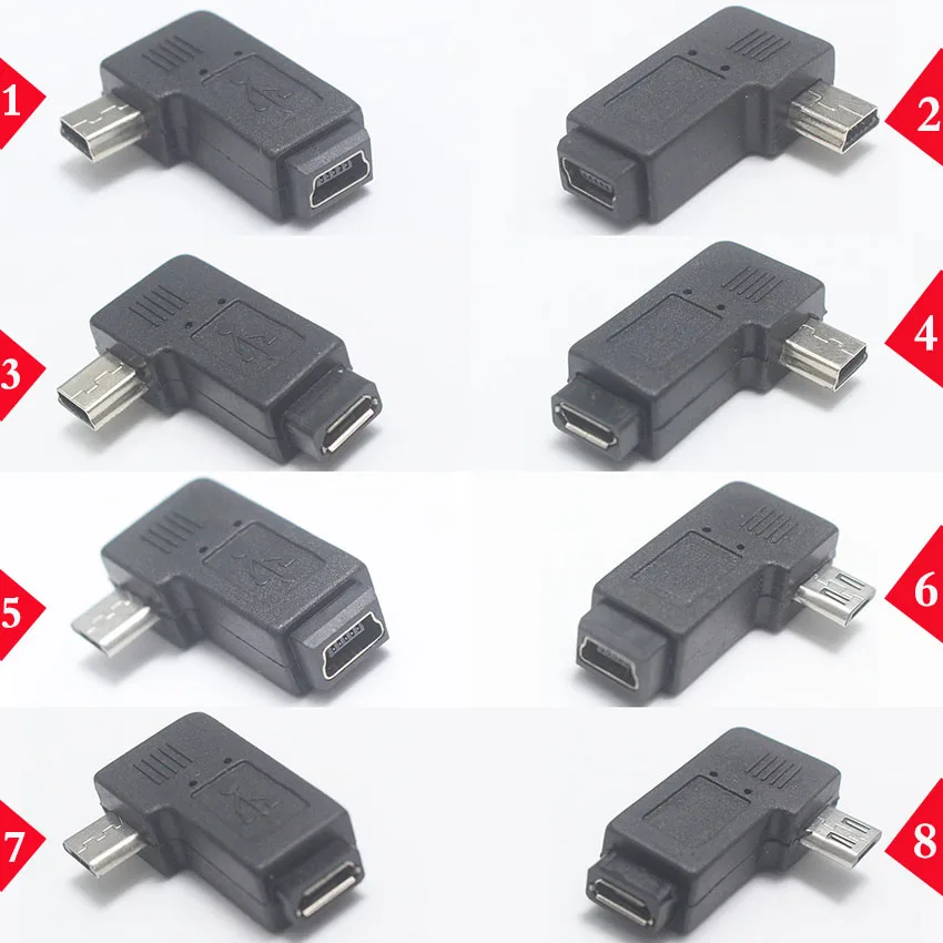 1 szt. 90 stopni lewy i prostopadły Mini USB 5pin żeńska do Micro USB męska synchronizacja danych przejściówka Micro USB do złącza Mini USB