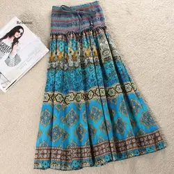 High Waist Boho Floral Women Long Skirt Pleated A-line Elastic Sashes Vintage Women's Skirts Spring Summer Fashion beach Clothes
