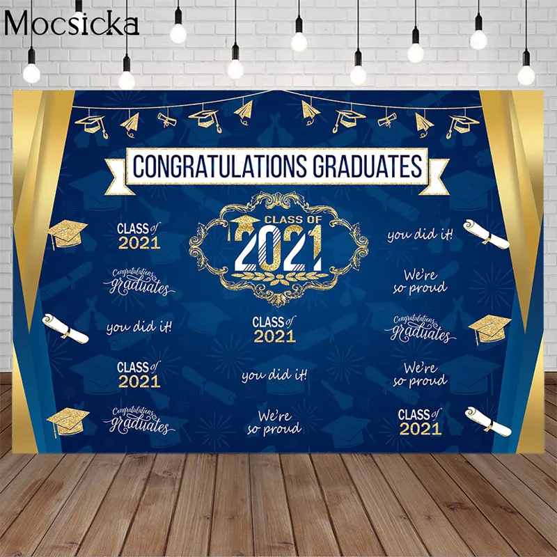 

2021 Congratulations Graduates Party Background Photography Blue Bachelor Cap Decor Banner Graduation Backdrop For Photo Studio