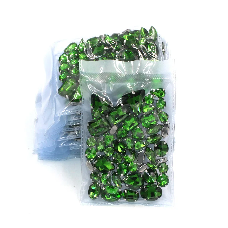 Clothing Accessories  Wholesale 5 Bags Mixed Shape Glass Crystal Sliver Base Grass Green Sew On Rhinestones Diy Wedding Dress