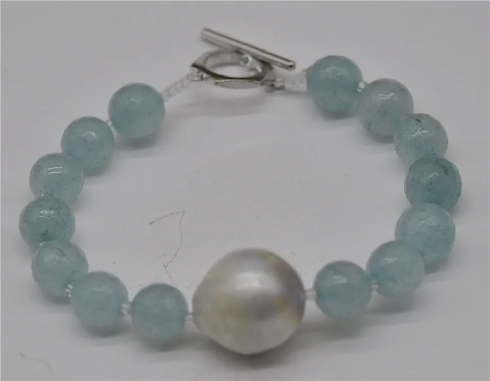 HABITOO 10mm Round Aquamarine&Unusual White Keishi Keshi Pearl Bracelet 8