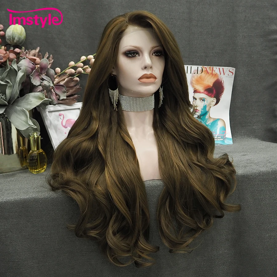 Imstyle Brown Wig Synthetic Lace Front Wig Natural Wavy Long Hair Wigs For Women Heat Resistant Fiber Golden Mixed Daily Wigs