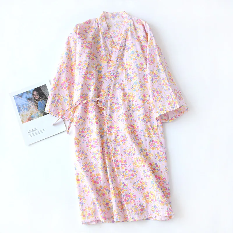 New Summer Cotton Gauze Nightdress Thin Retro Flower Nightgown Japanese Kimono Robe 7-Quarter Bathrobe Women Pijamas Sleep Tops